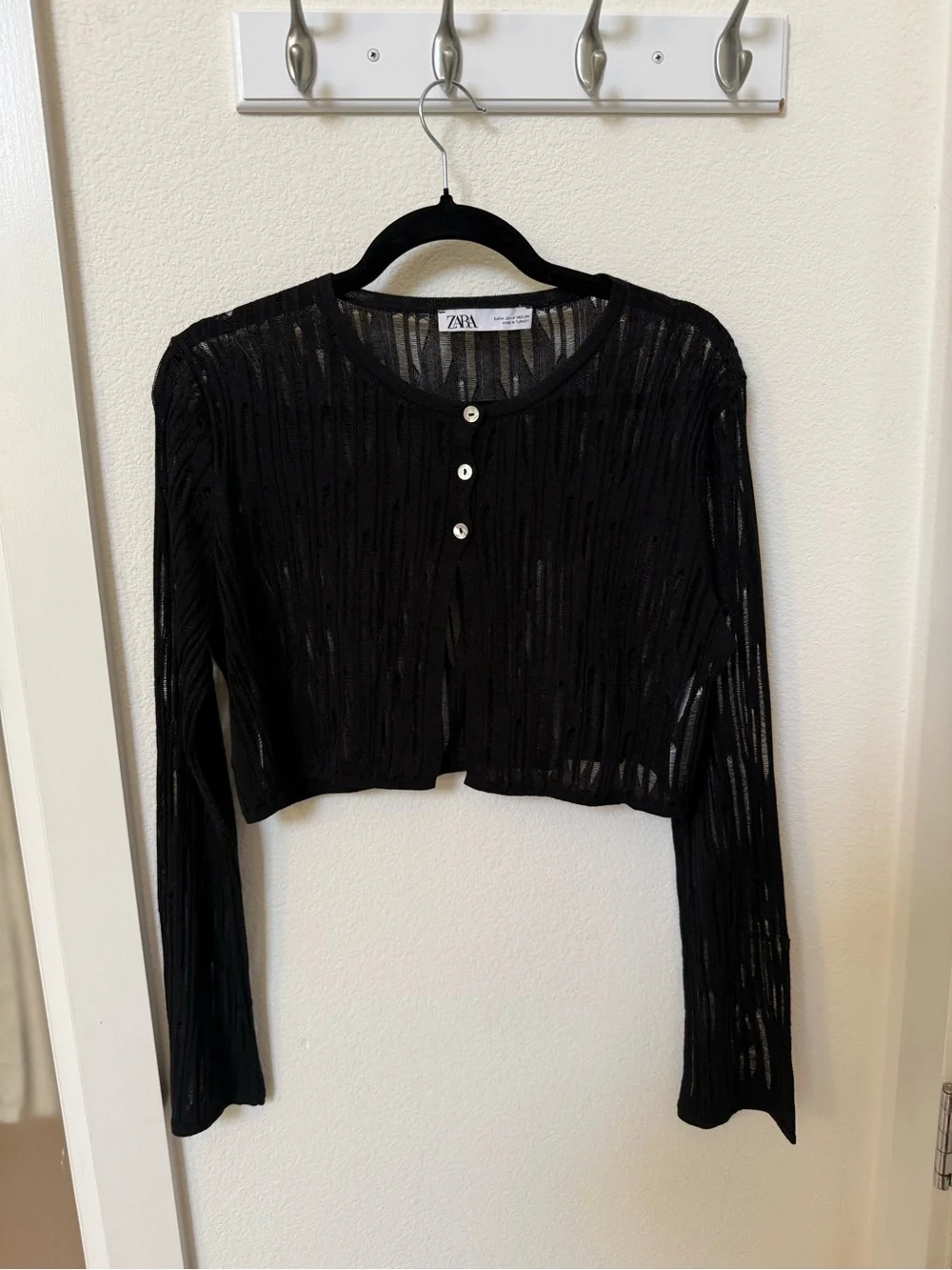 Zara Black Sheer Cropped Long Sleeve Cardigan
